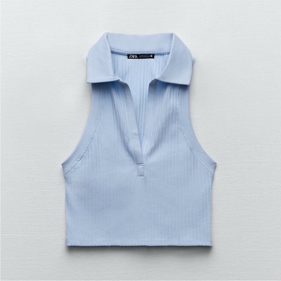 Zara Light Blue Collared Ribbed Crop Top Small - Picture 4 of 10